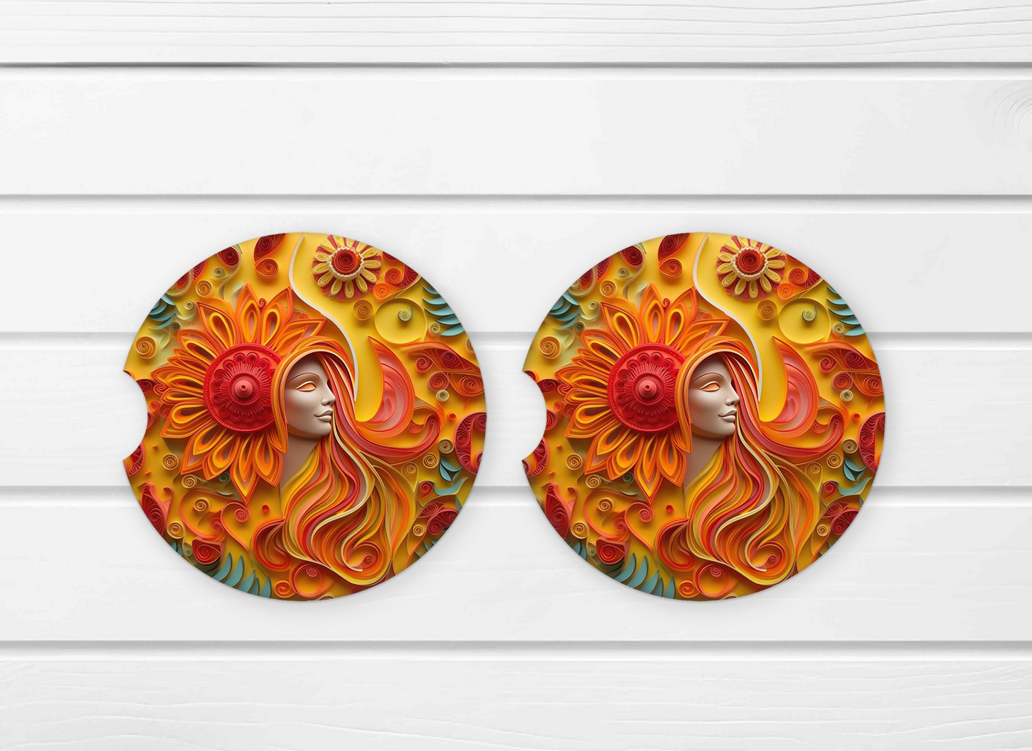 Paper looking Sun Girl Ceramic Car Coaster Set