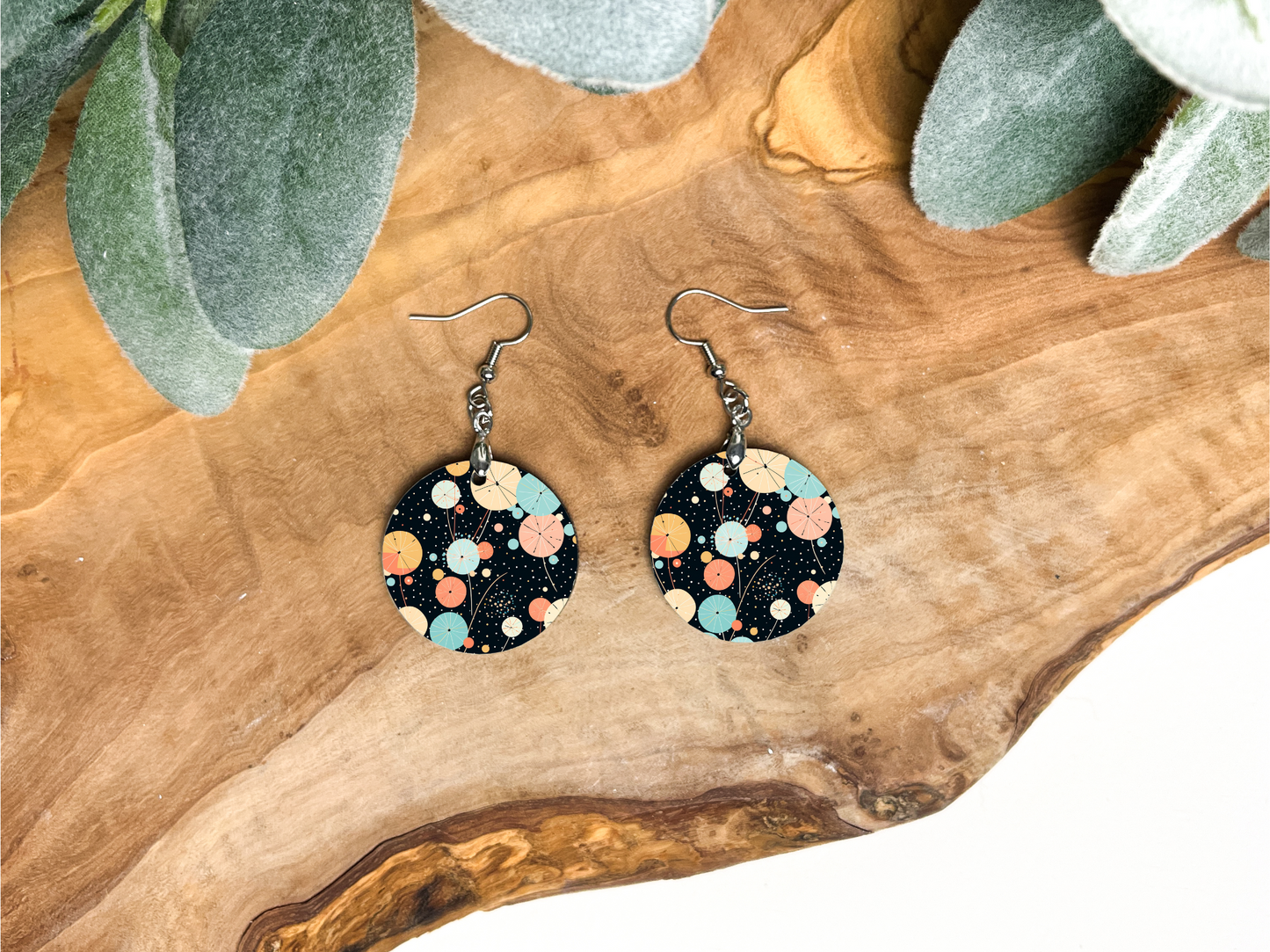 Black with Pastel Floral Round Earrings