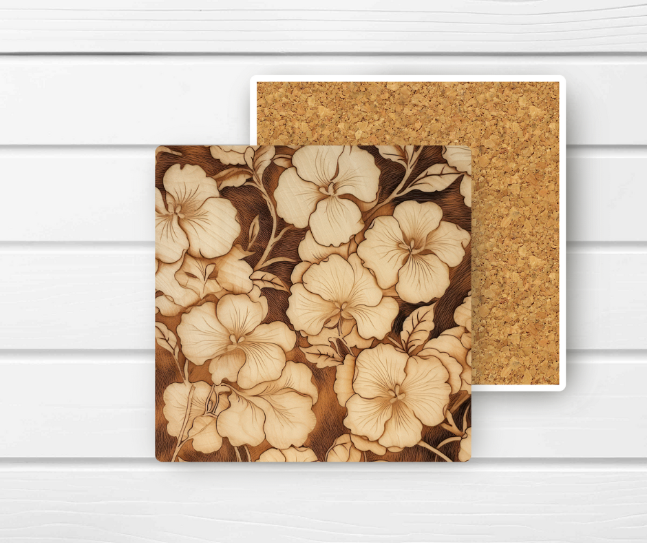 4x4 Coaster - Floral Faux wood Ceramic