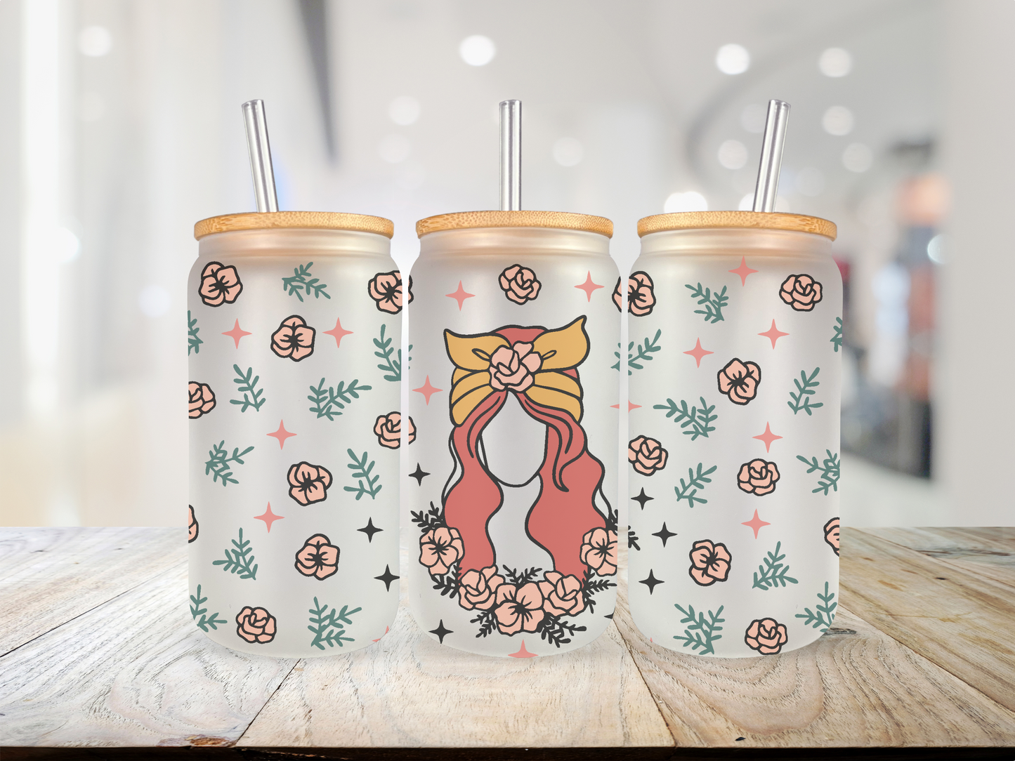 20 oz Glass Cup - Red Headed Hippie Girl and Flowers Boho