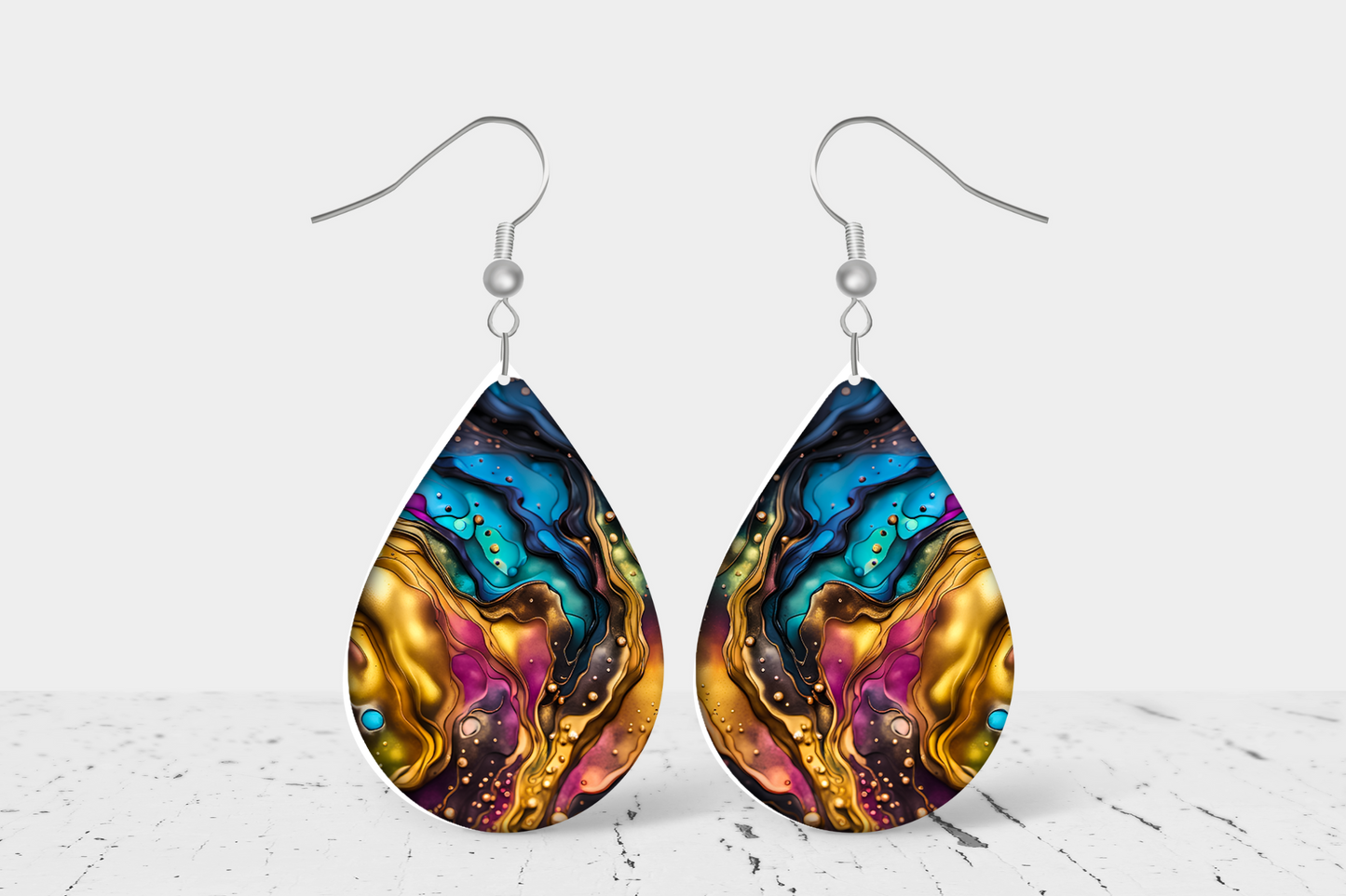 Gold Teal & Pink Marbled Teardrop Earrings