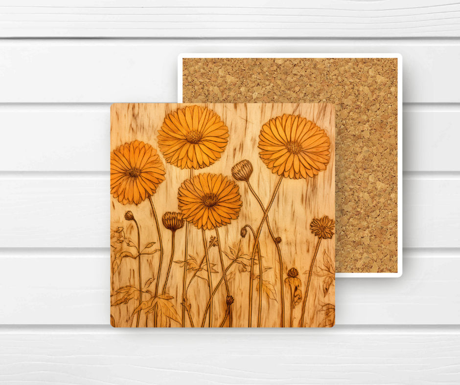 4x4 Ceramic Coaster (E37H) - Yellow Floral Faux Wood