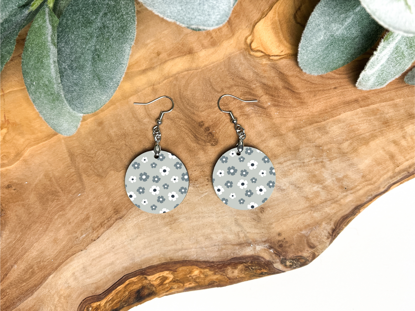 Blue Floral Print Round Earrings