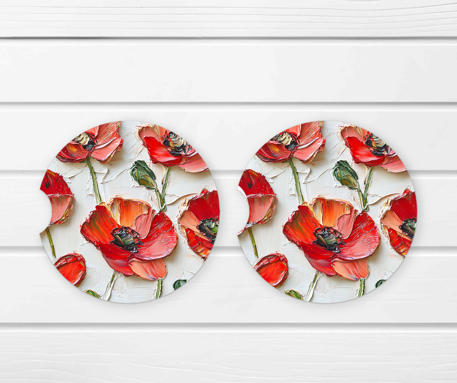 Poppy Flower Ceramic Car Coaster Set