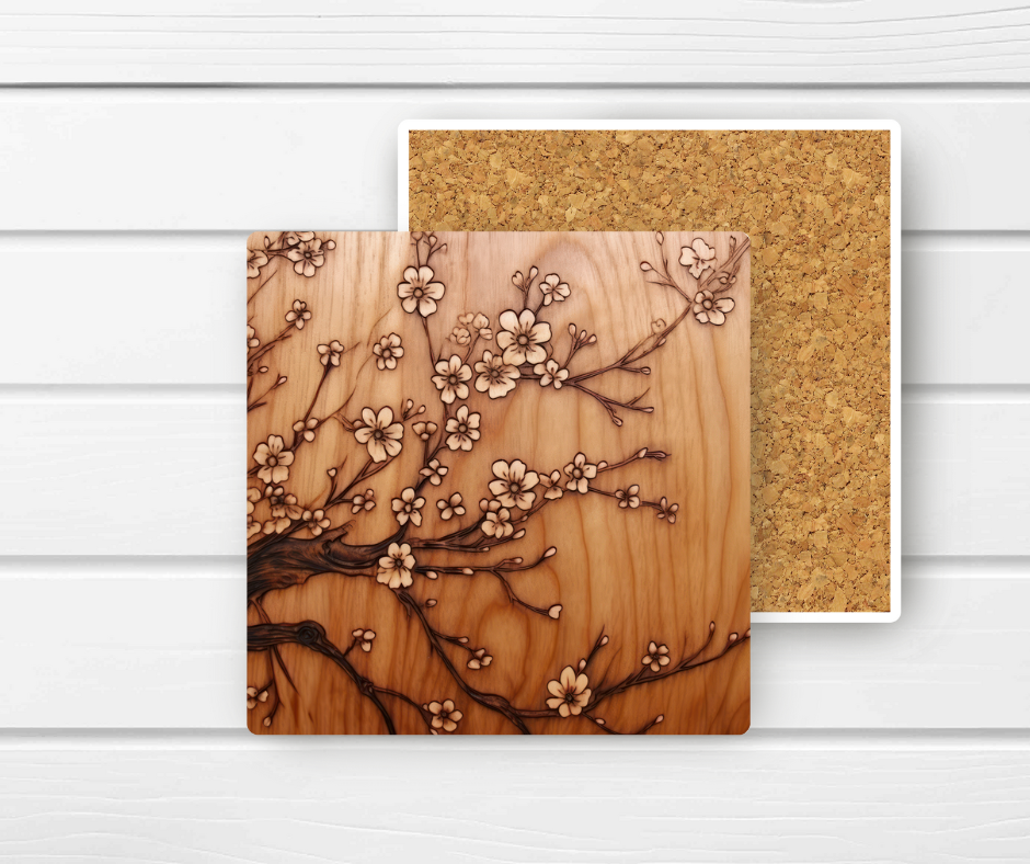 4x4 Ceramic Coaster (E39H) - Tree Branch Floral Faux Wood