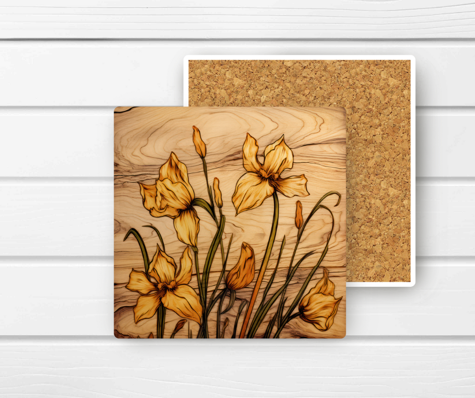 4x4 Coaster - Floral Faux wood Ceramic