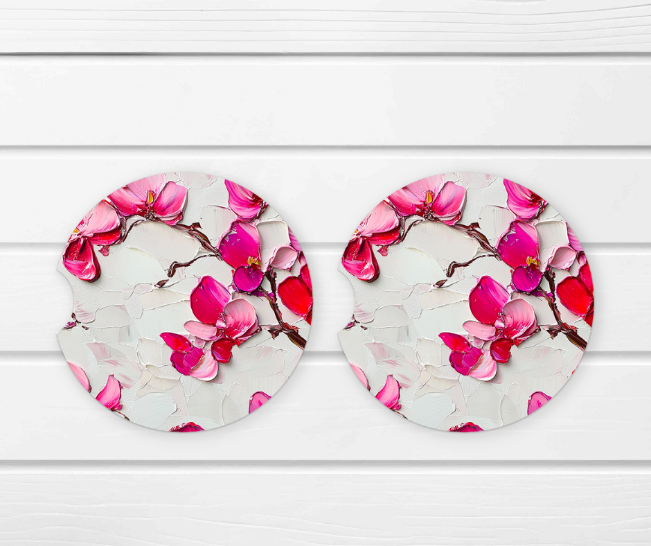 Pink Painted Floral Ceramic Car Coaster Set