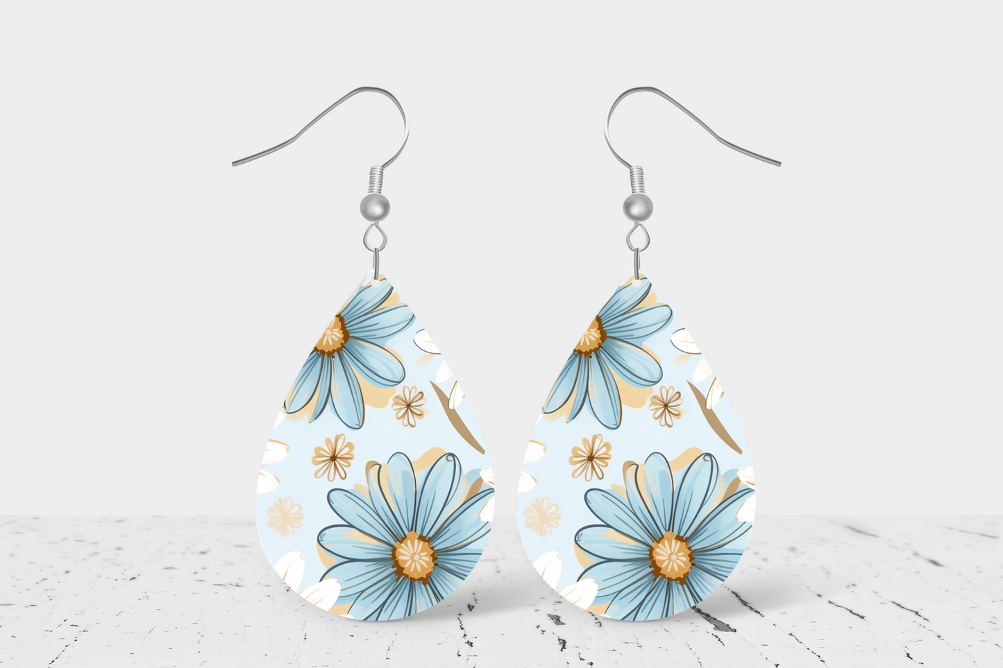 Teardrop Earrings - Light Blue Daisy