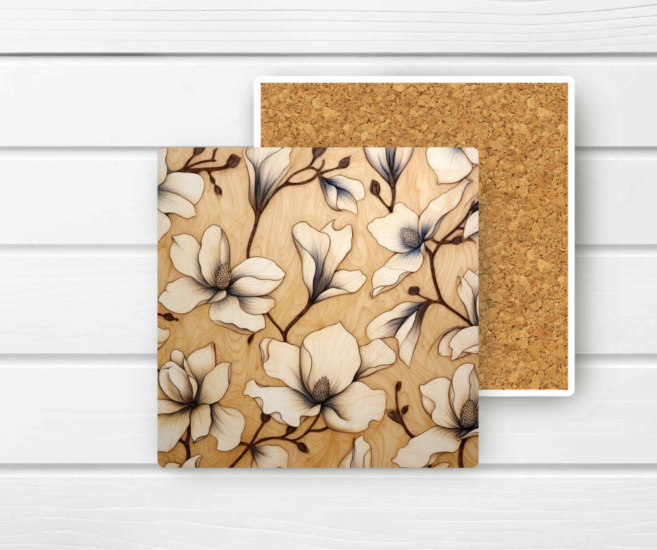 4x4 Coaster - Floral Faux wood Ceramic