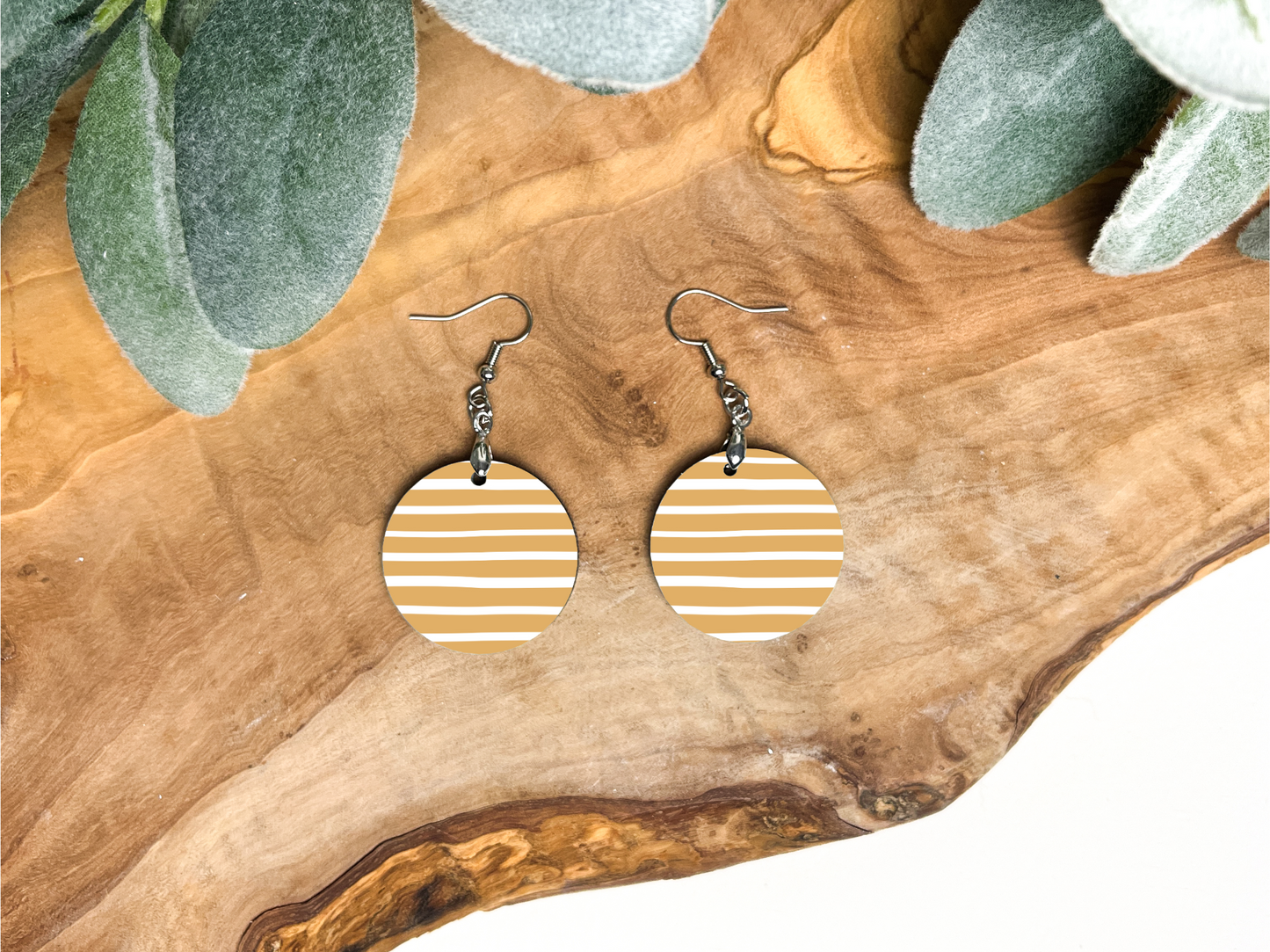 Mustard Color Stripe Round Earrings