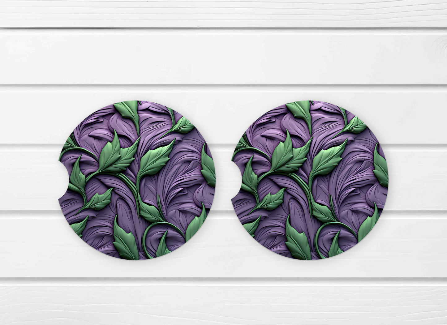 Purple with Green Plant Ceramic Car Coaster Set