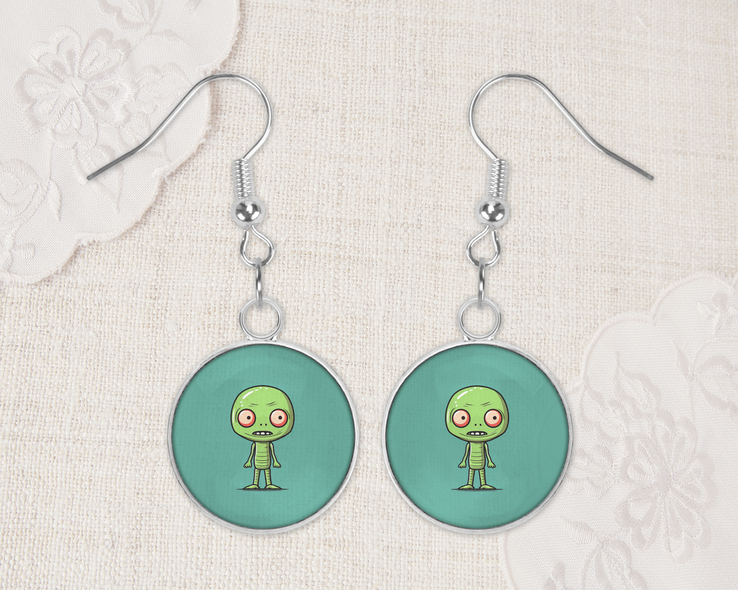 Handmade Aluminum & Glass Earrings - Green Alien