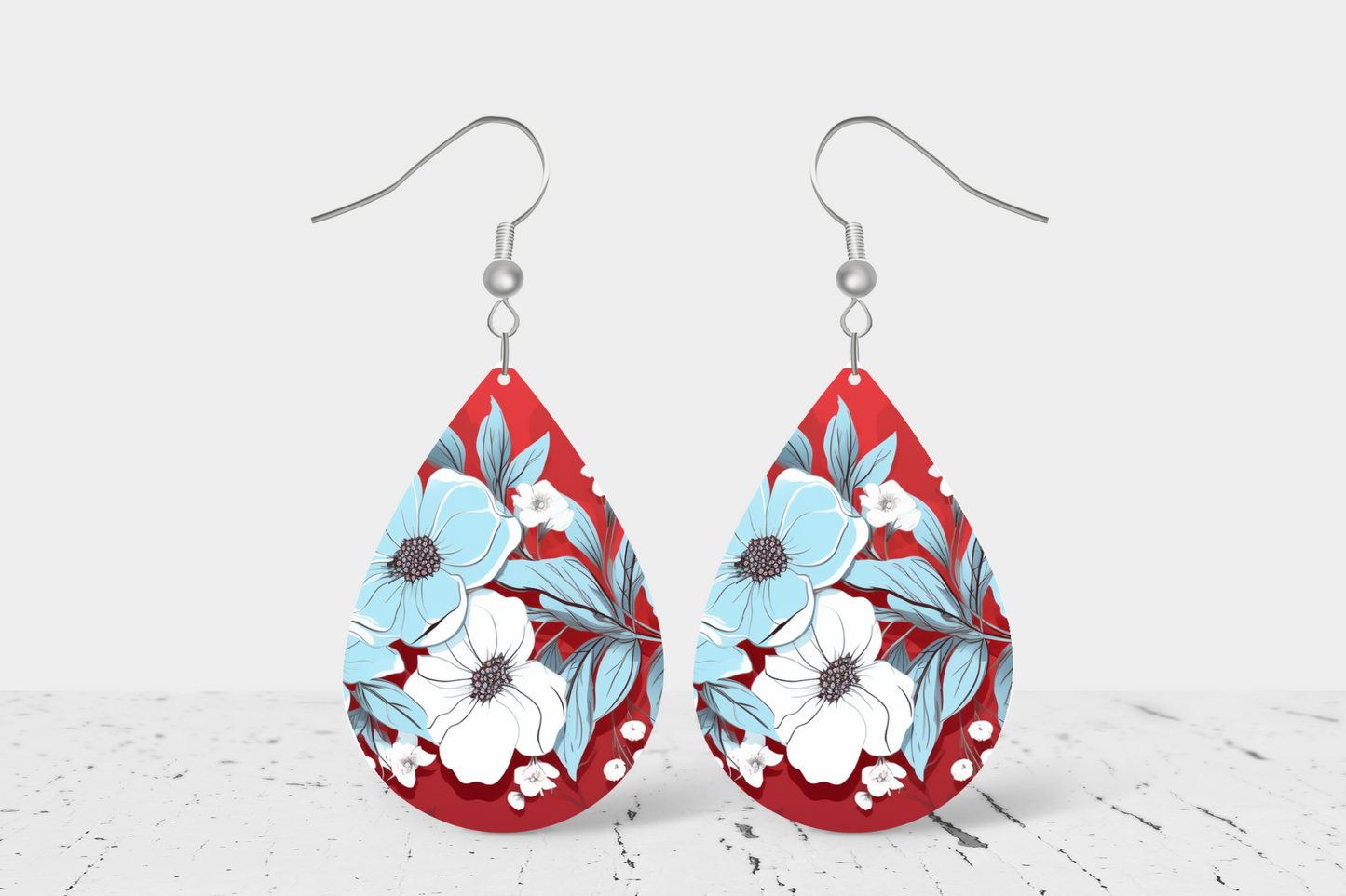 Teardrop Earrings - Red With White and Blue Flowers