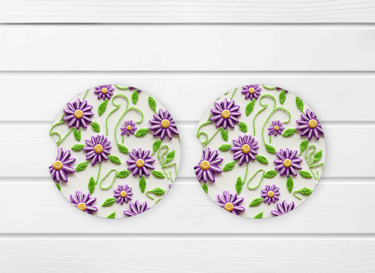 Stitched Purple Daisy Ceramic Car Coaster Set