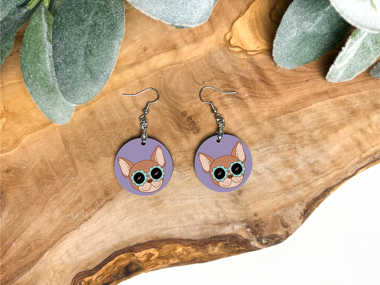 Dog with Glasses Round Earrings
