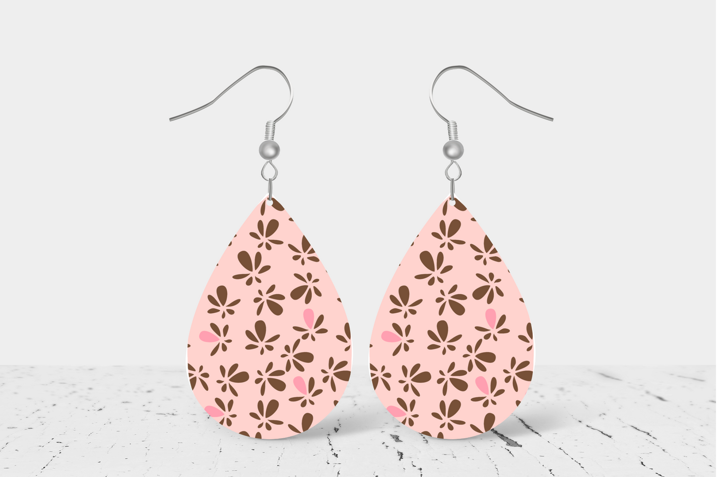 Pink with Brown Flowers (1) Teardrop Earrings