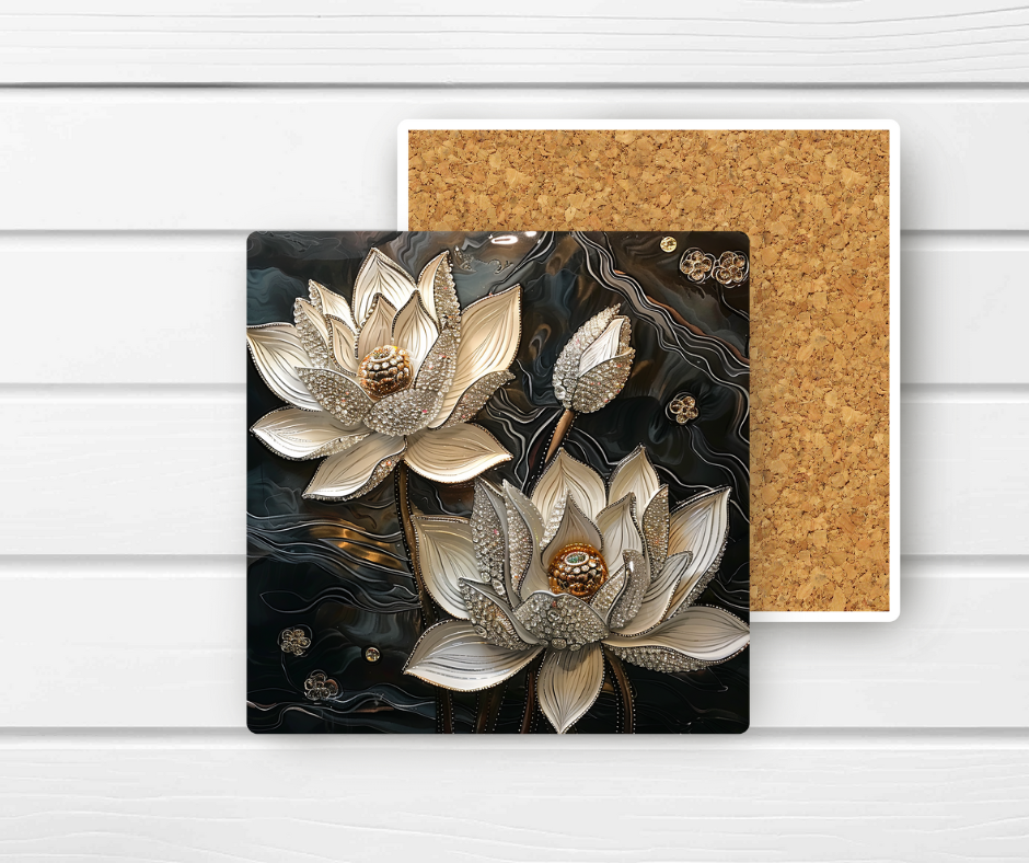 4x4 Ceramic Coaster (E6H) - White Glitter Floral