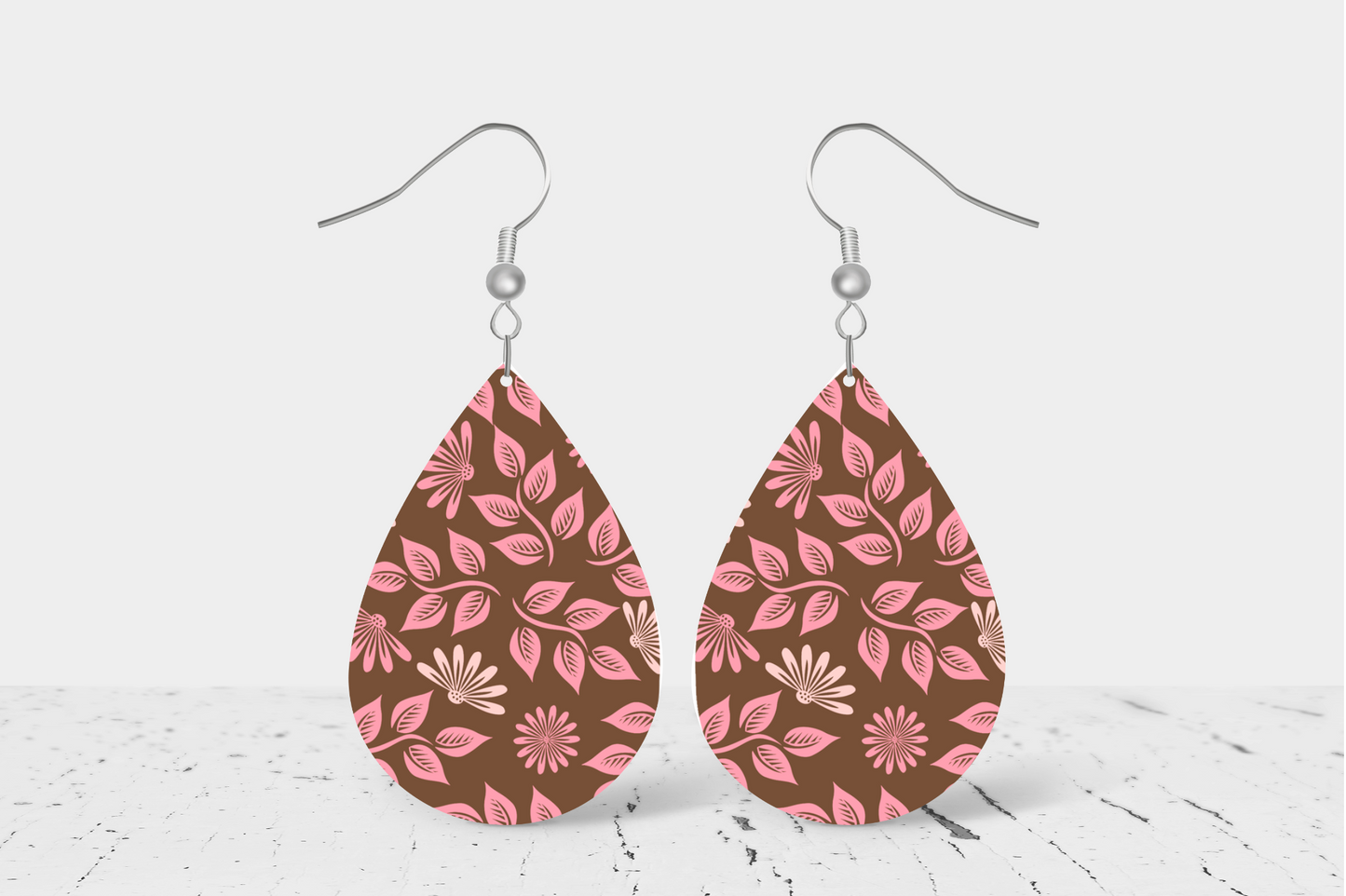 Brown with Pink Floral Teardrop Earrings