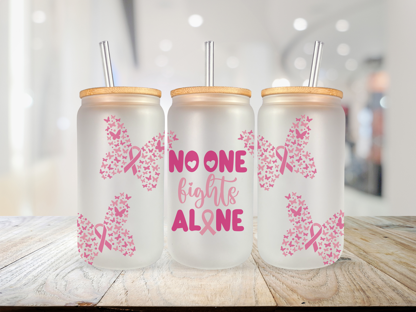 20 oz Glass Cup - Breast Cancer Awareness - No One Fights Alone