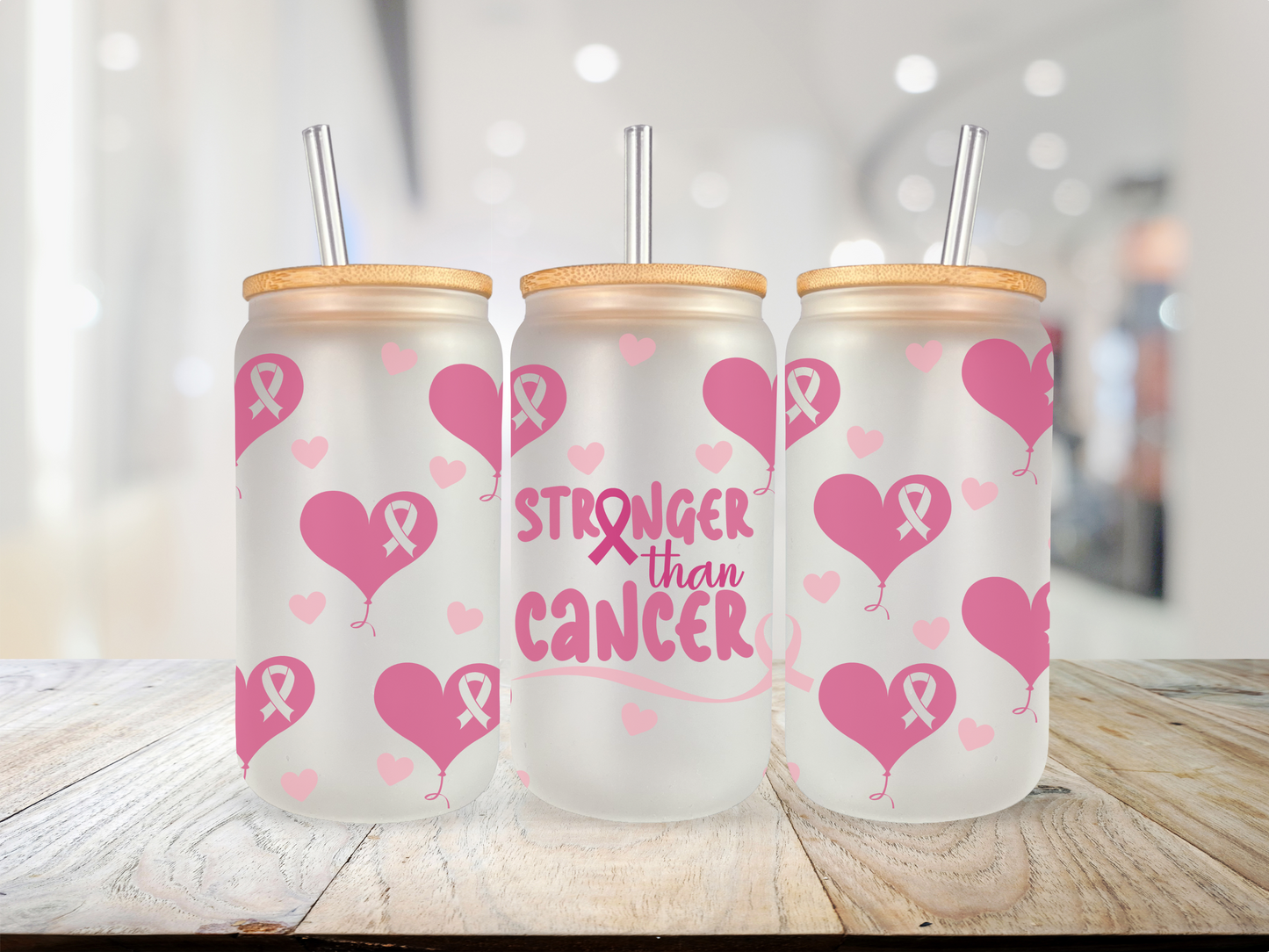 20 oz Glass Cup - Breast Cancer Awareness - Stronger than Cancer