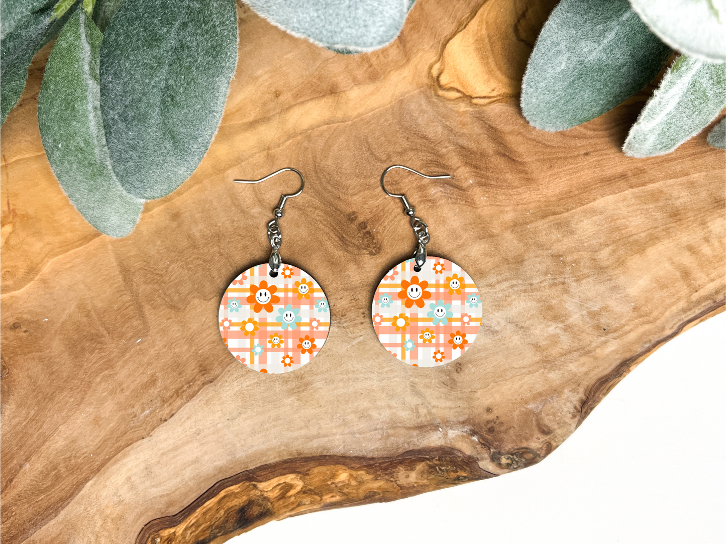 Plaid Happy Faces Round Earrings