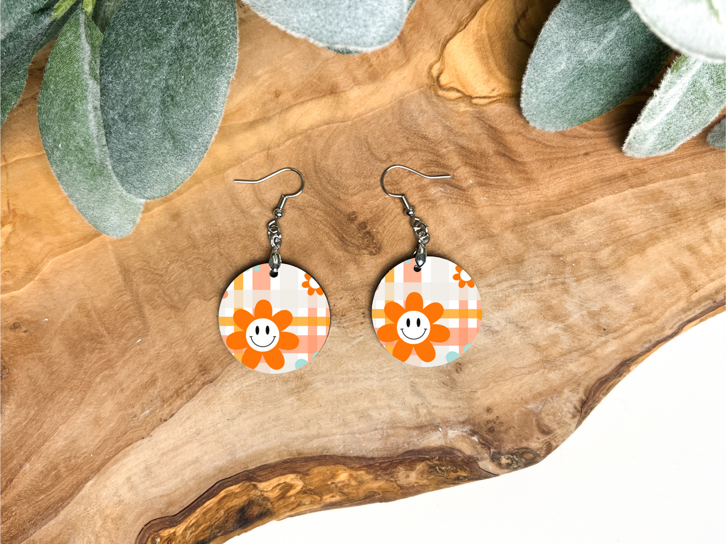 Round Earrings - Plaid Happy Faces (1)
