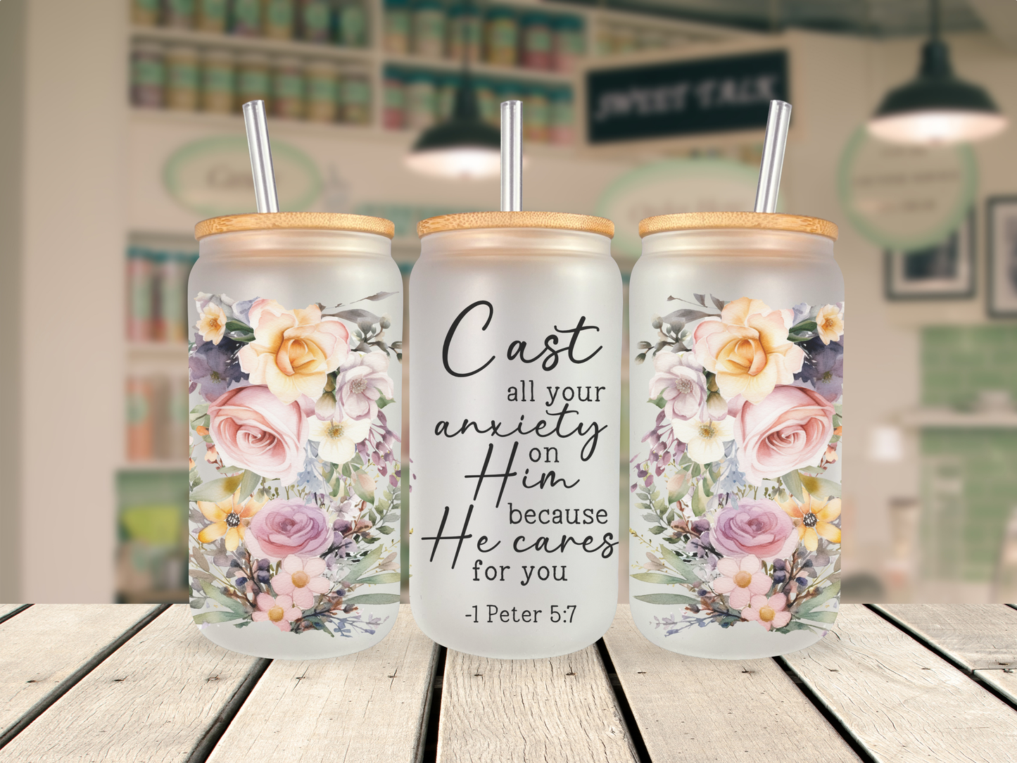 16 oz Glass Cup - Cast all your anxiety on Him