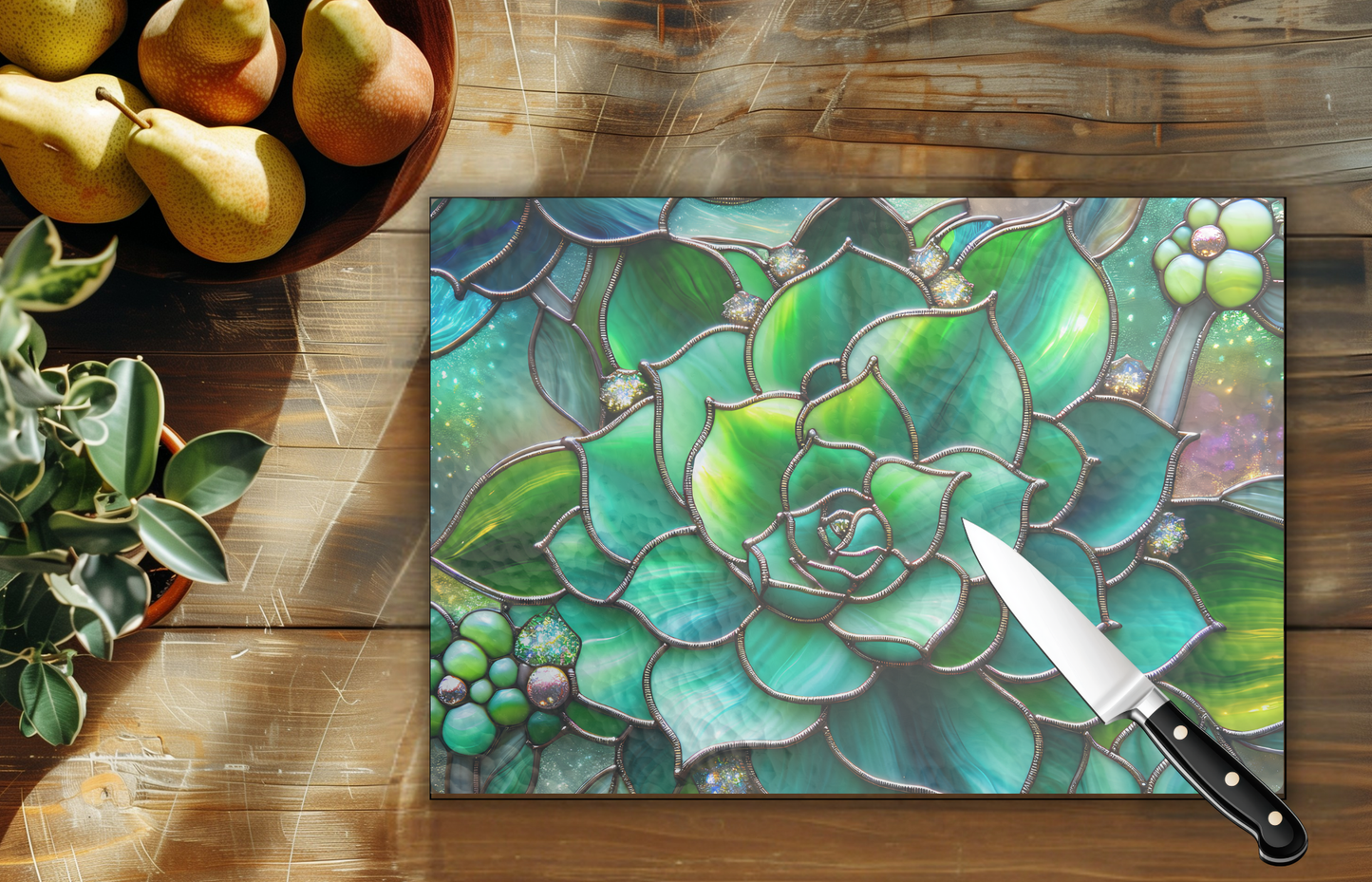 11" x 8" Tempered Glass Cutting Board - Succulent