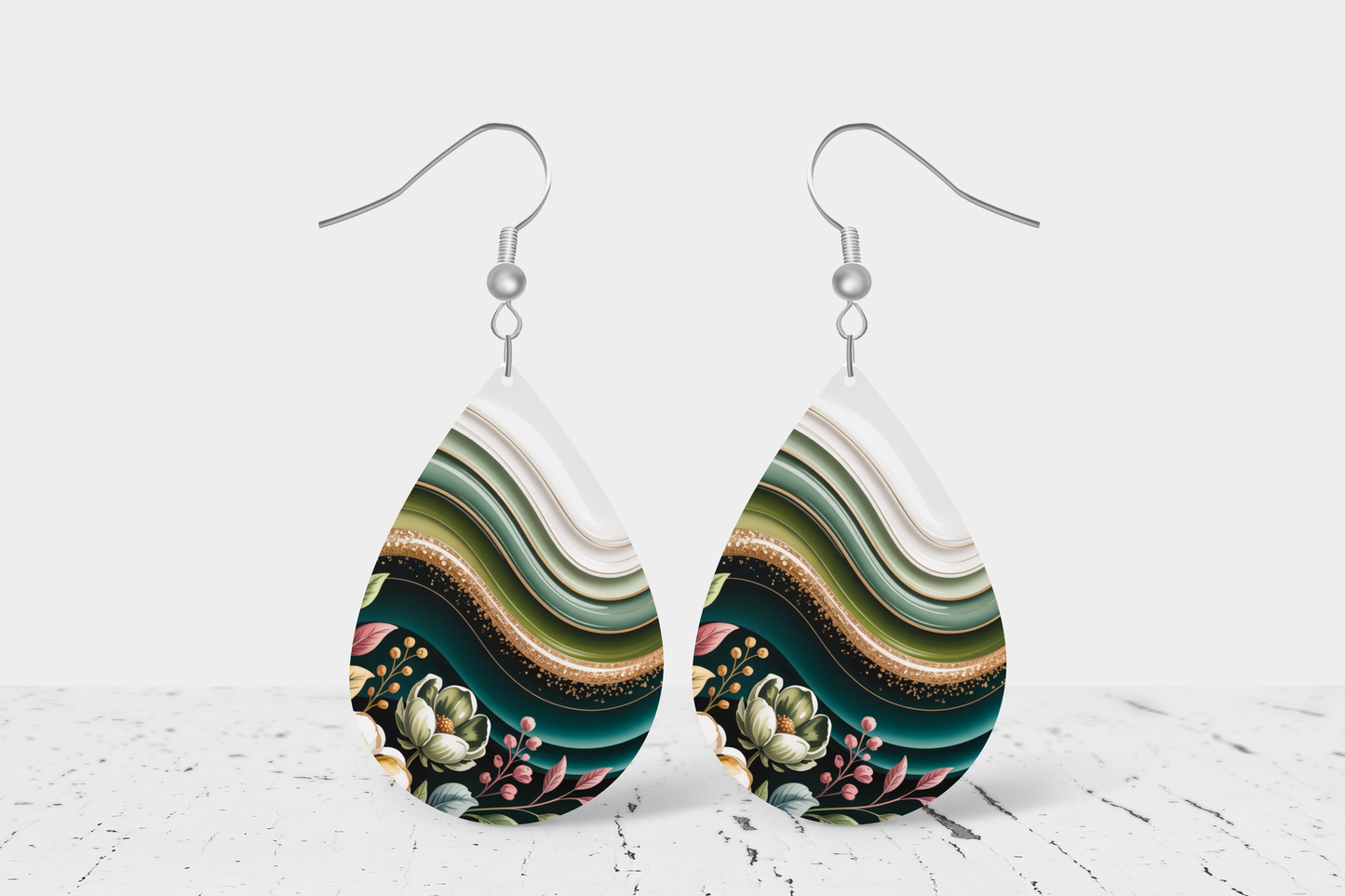 Teardrop Earrings (E99E) - Greenish Wavey Floral