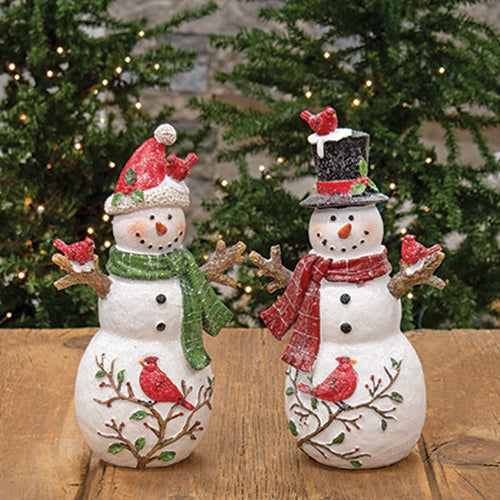 Glittered Resin Cardinal Friends & Vine Snowman, 2 Asstd.