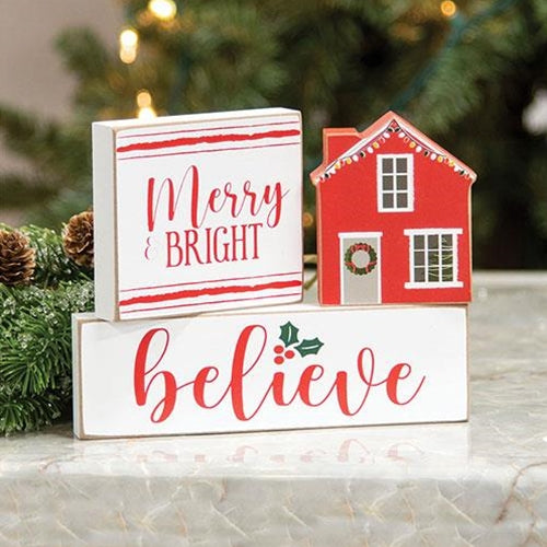 3/Set, Merry & Bright, Believe, House Wooden Blocks