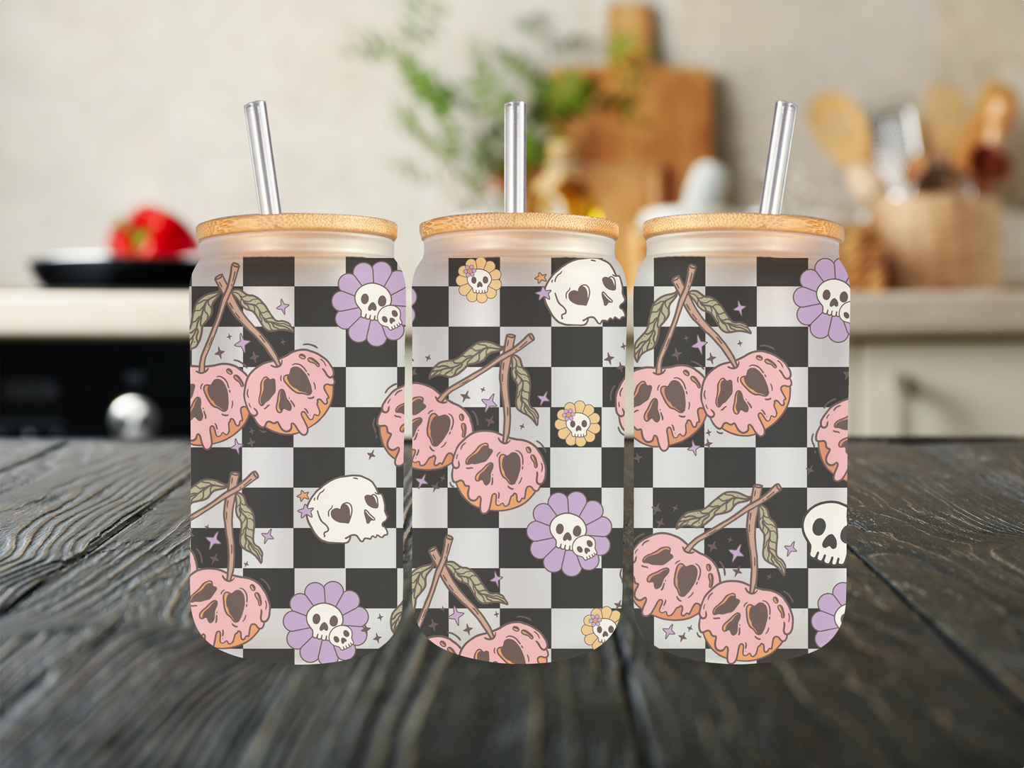 20 oz Glass Cup - Fall - Halloween - Scary Cherries - Skulls