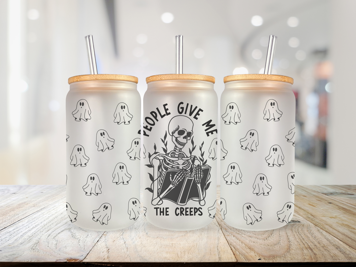 20 oz Glass Cup - Fall - Halloween Skeleton "People give me the Creeps"