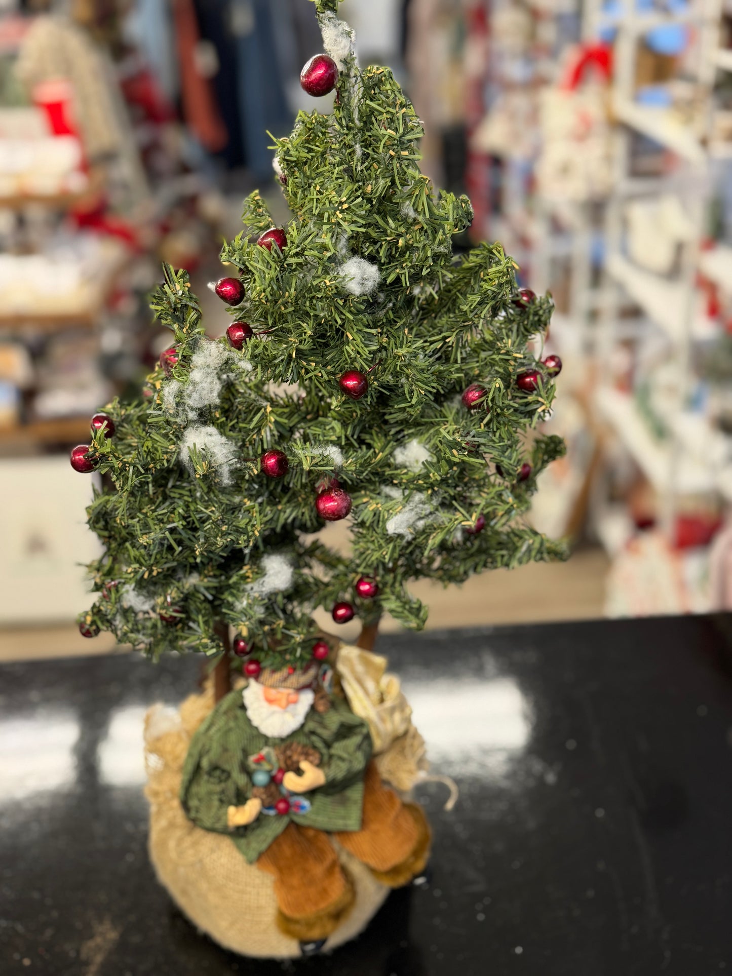Homespun Santa in Burlap Sack with Flocked Christmas Tree – Vintage Home Interiors 23"