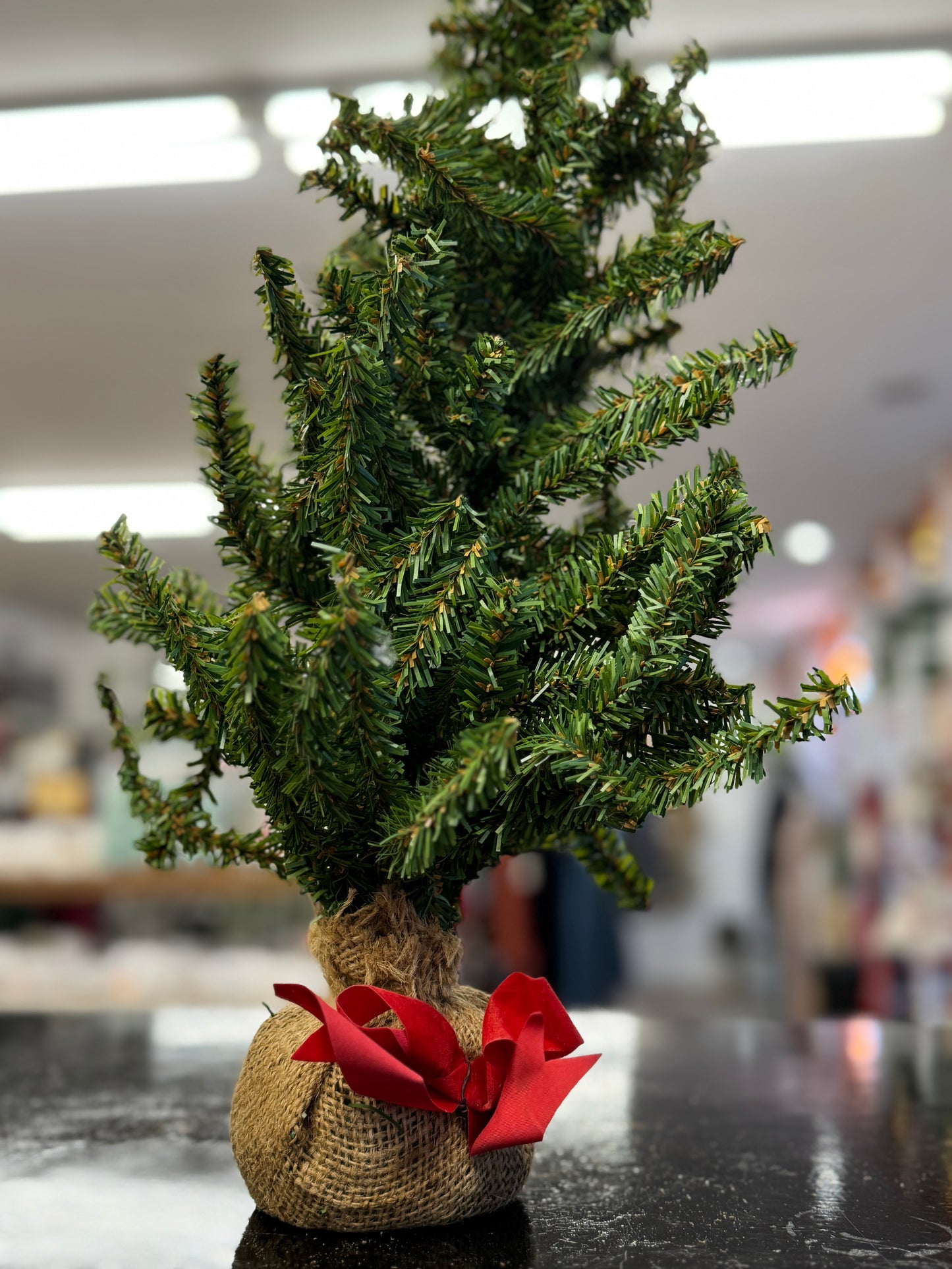 Tabletop Christmas Tree with Burlap Base & Red Ribbon – 22" Unlit
