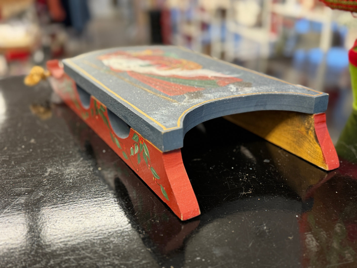 Hand-Painted Wooden Santa Sleigh Ornament – Rustic Old World Christmas Decor 19"