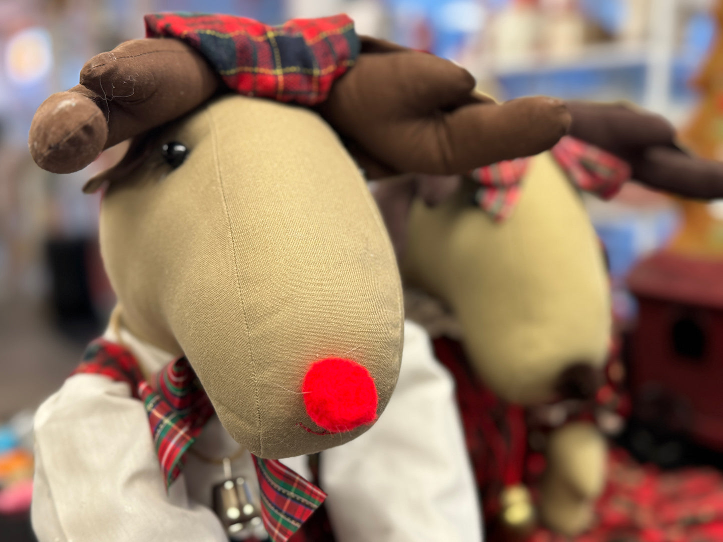 Plaid Moose/Reindeer Plush Christmas Decoration – 10" Holiday Shelf Sitter