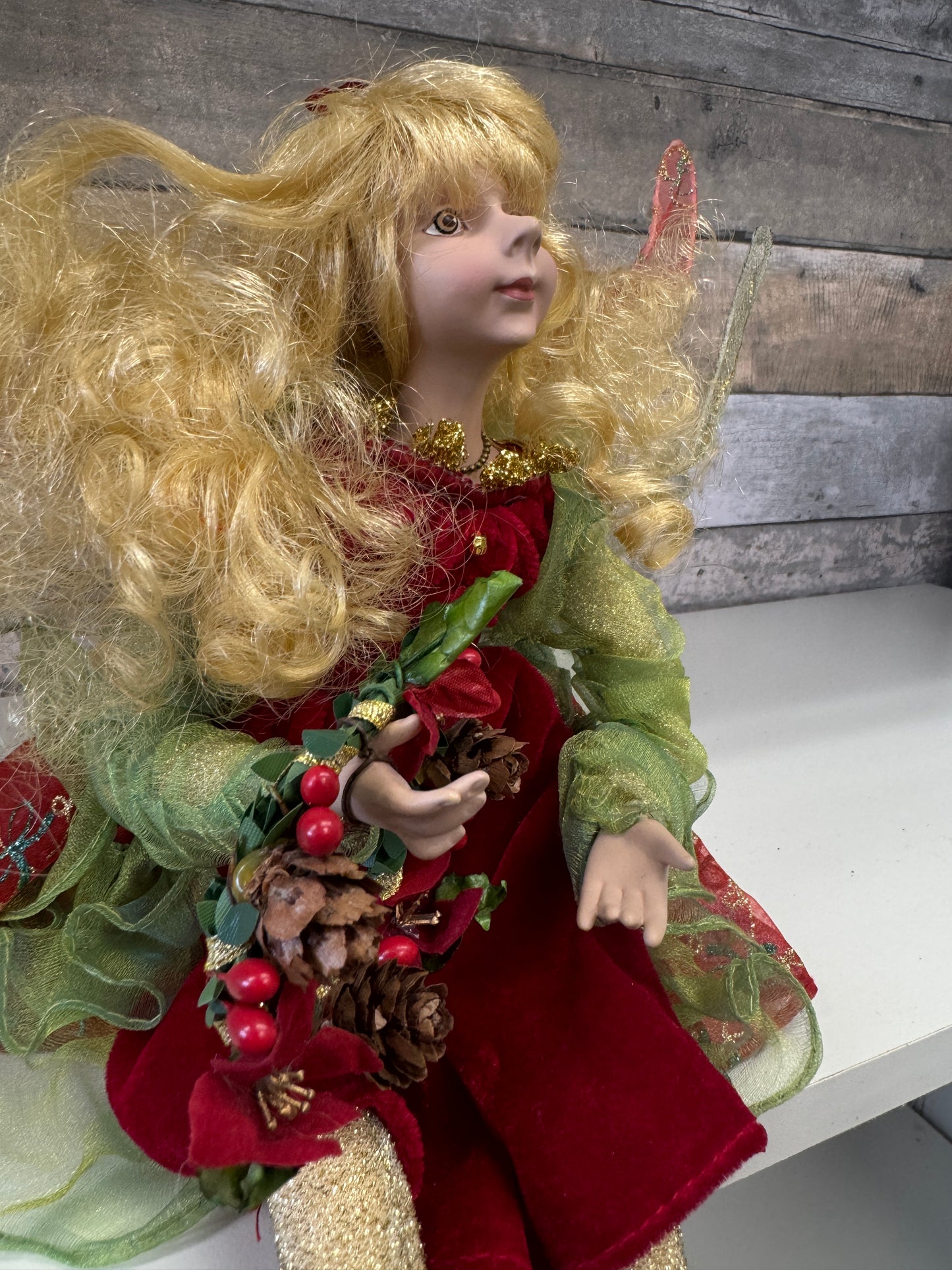 Windward Holidays Fairy – Blonde in Red Dress Holding Christmas Wreath 13"