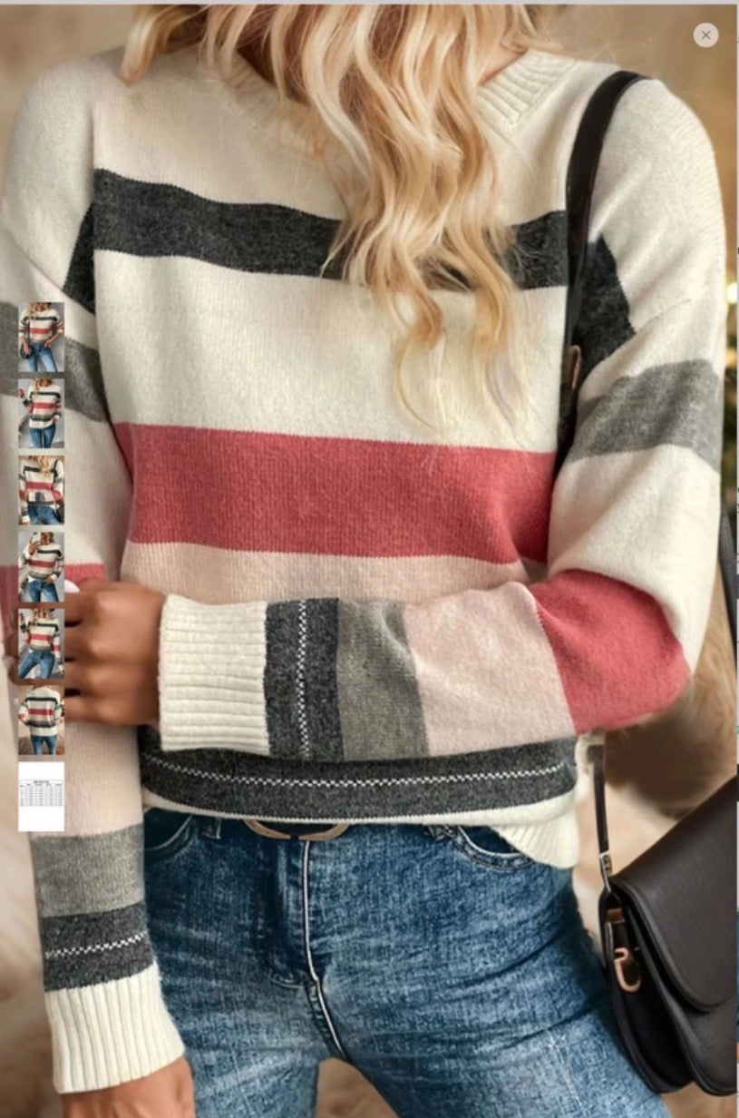 Soft Striped Ribbed Knit Crew Neck Sweater