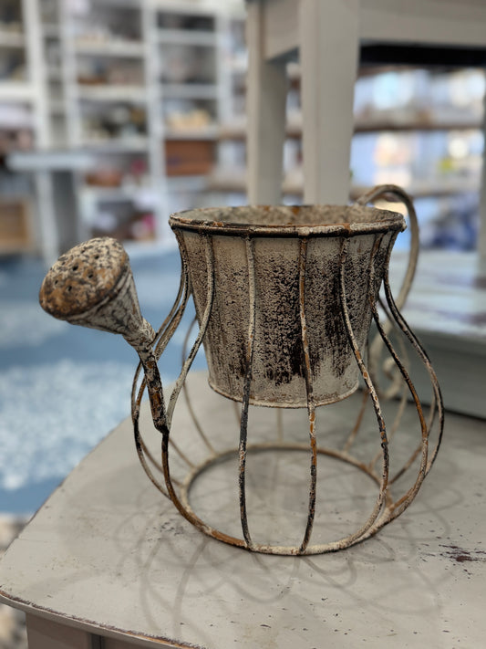 Vintage Metal Watering Can Planter β Distressed Gray