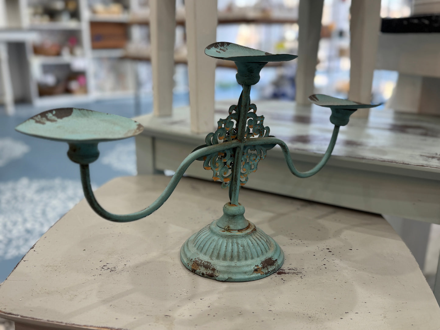Shabby Chic Distressed Metal 3-Arm Candelabra