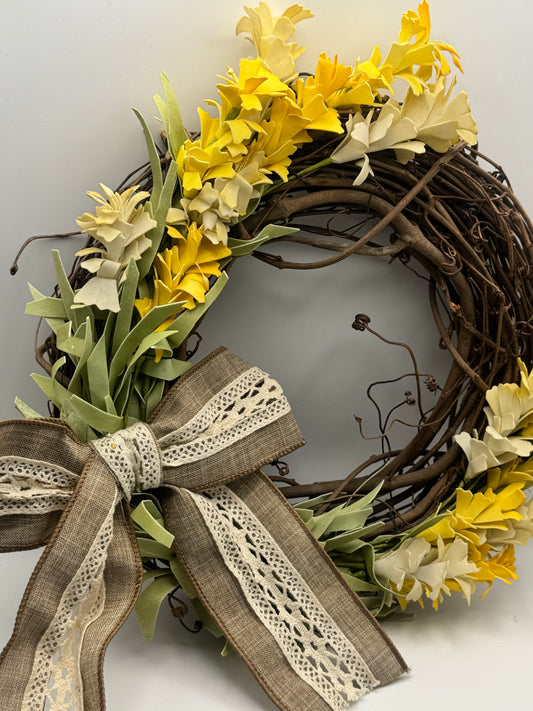 Yellow Floral Grapevine Wreath with Lace Bow