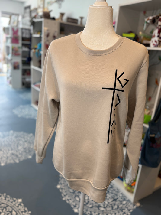 Vertical “God Is Great” Cross Graphic Crewneck Sweatshirt – Tan