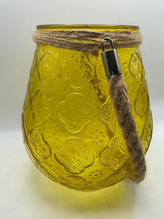 Yellow Glass Hanging Lantern with Rope Handle (7.5")