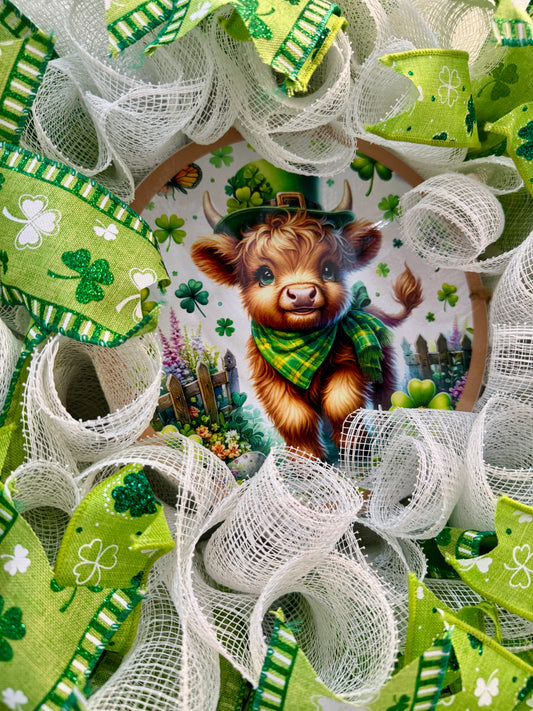 Highland Cow St. Patrick’s Day Deco Mesh Wreath