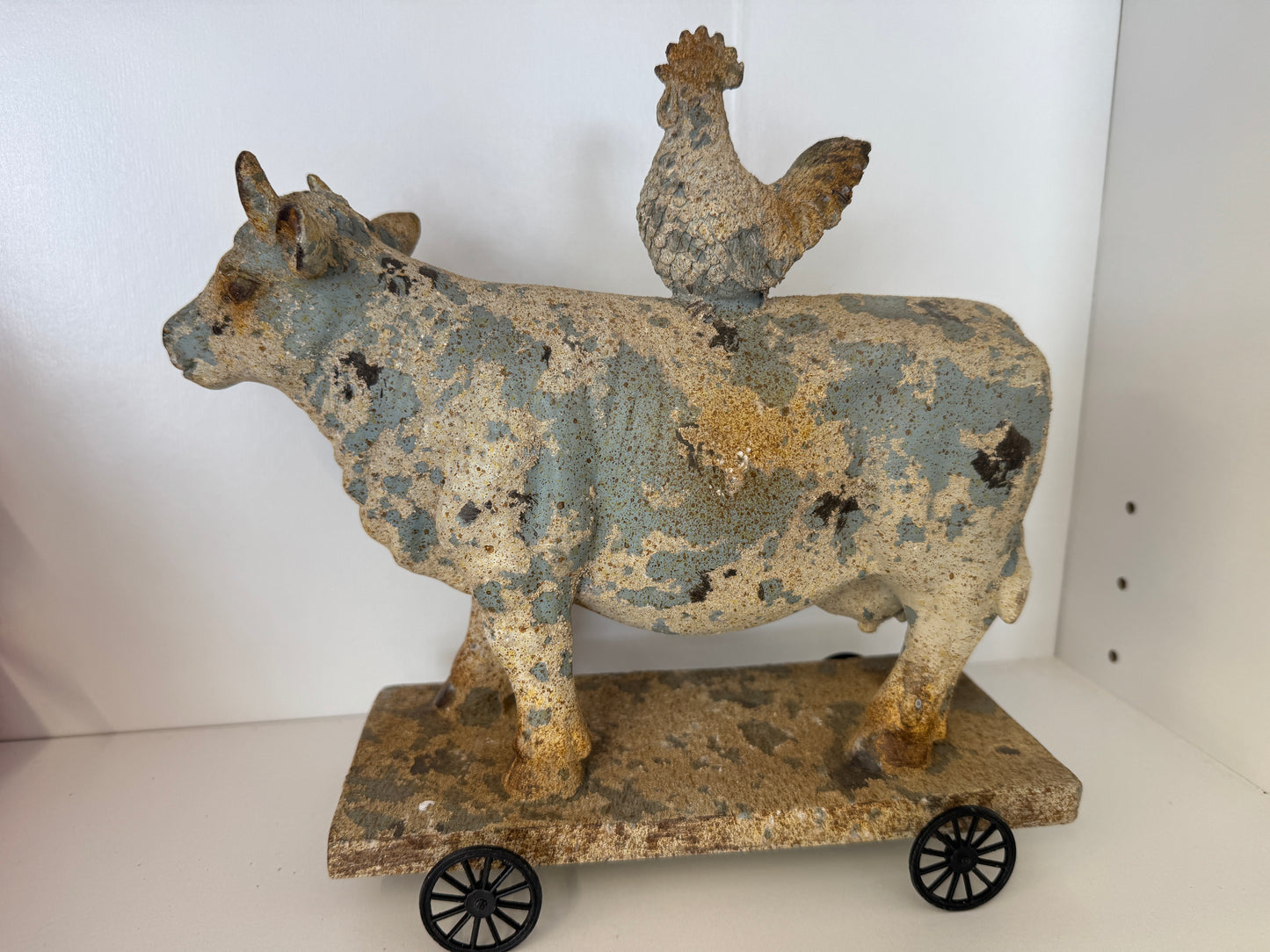 Resin 10" Brown Spring Rustic Cow and Chicken On Wheels