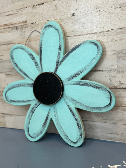 Distressed Aqua Wooden Daisy Wall Hanging | Rustic Farmhouse Flower Decor - 16"