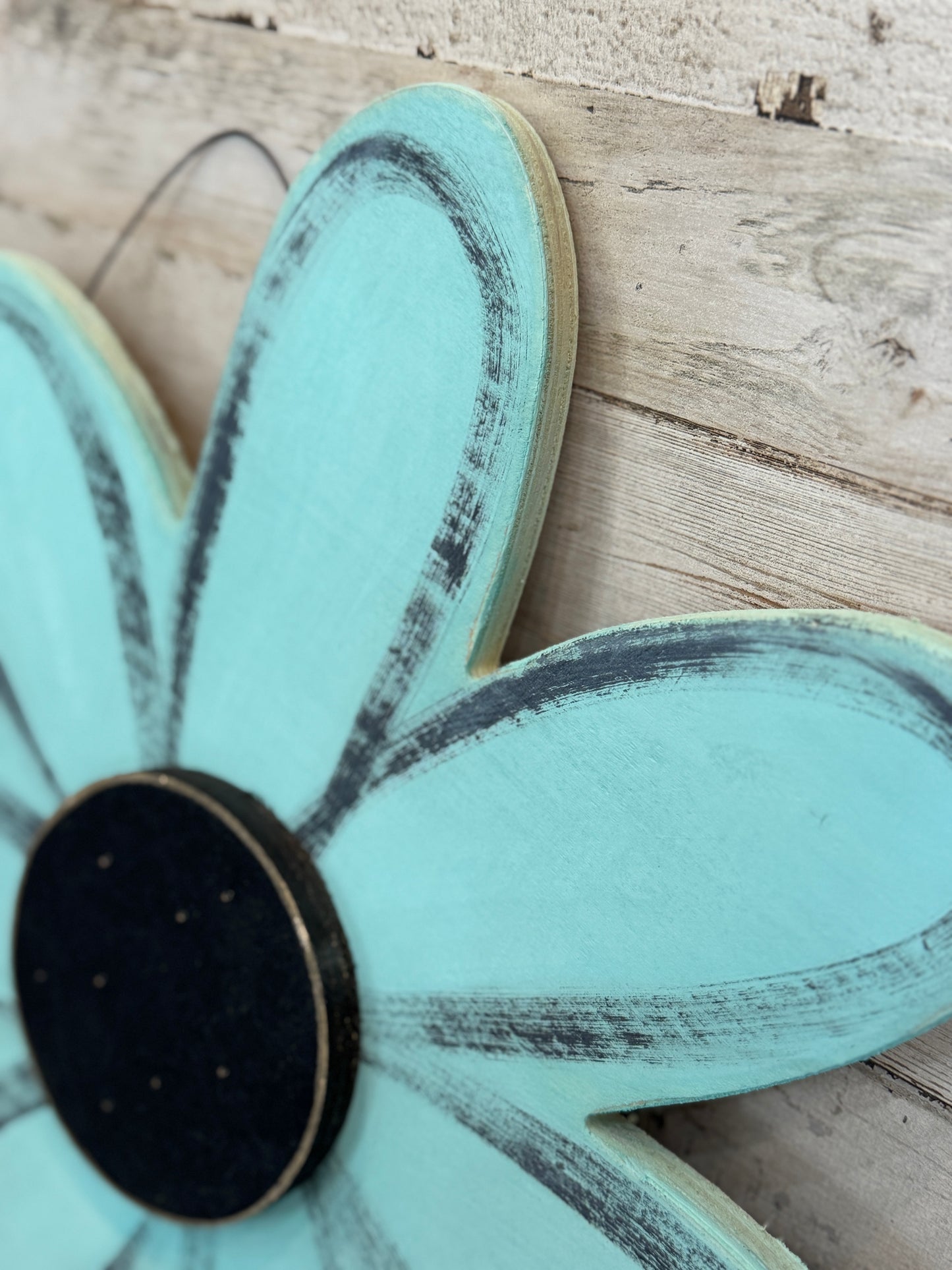 Distressed Aqua Wooden Daisy Wall Hanging | Rustic Farmhouse Flower Decor - 16"