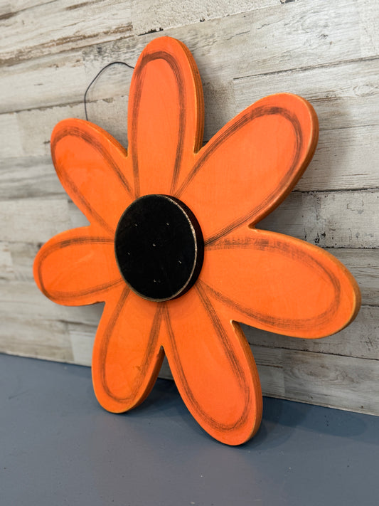 Distressed Orange Wooden Daisy Wall Hanging | Rustic Farmhouse Flower Decor - 16"