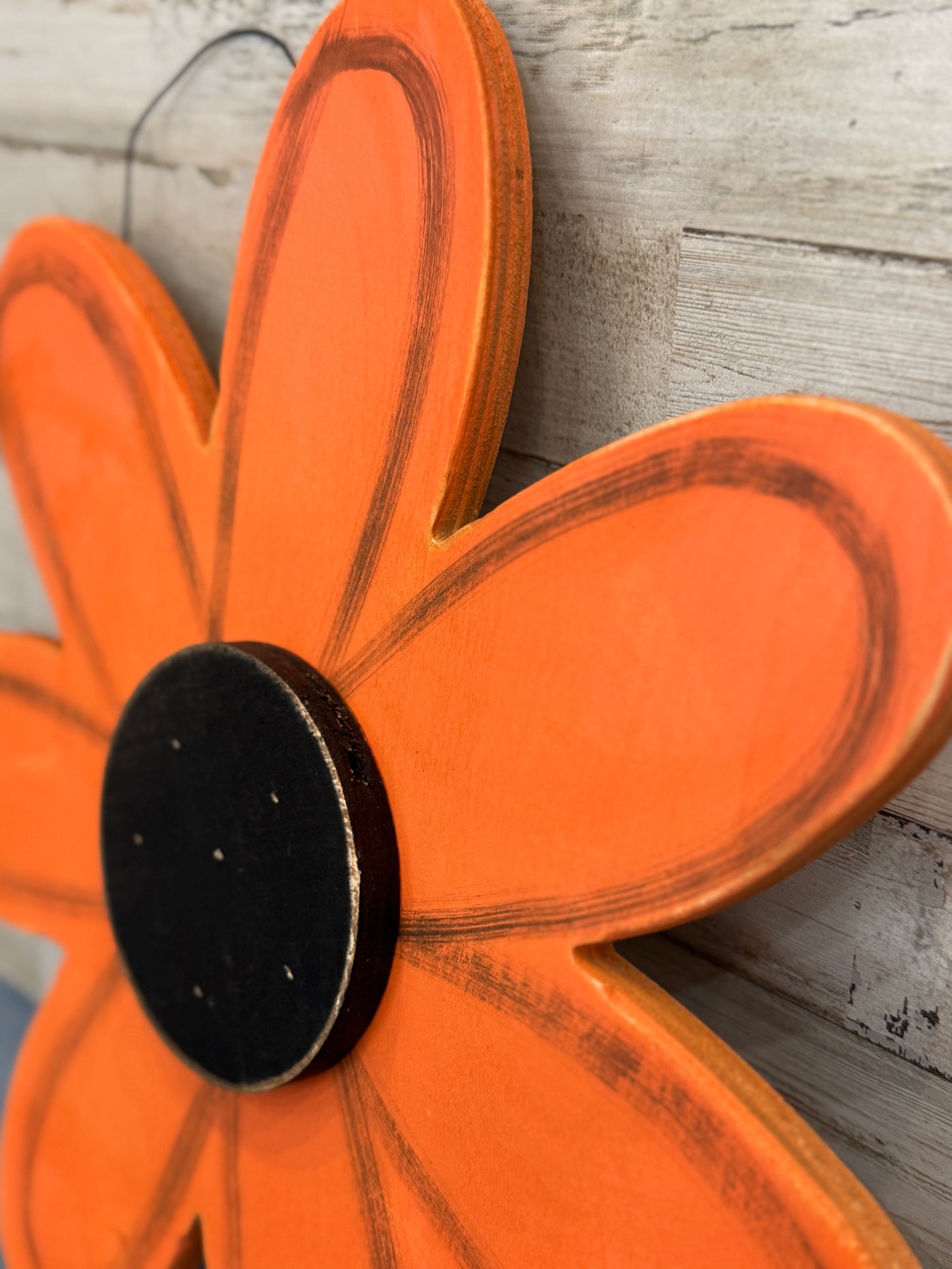 Distressed Orange Wooden Daisy Wall Hanging | Rustic Farmhouse Flower Decor - 16"